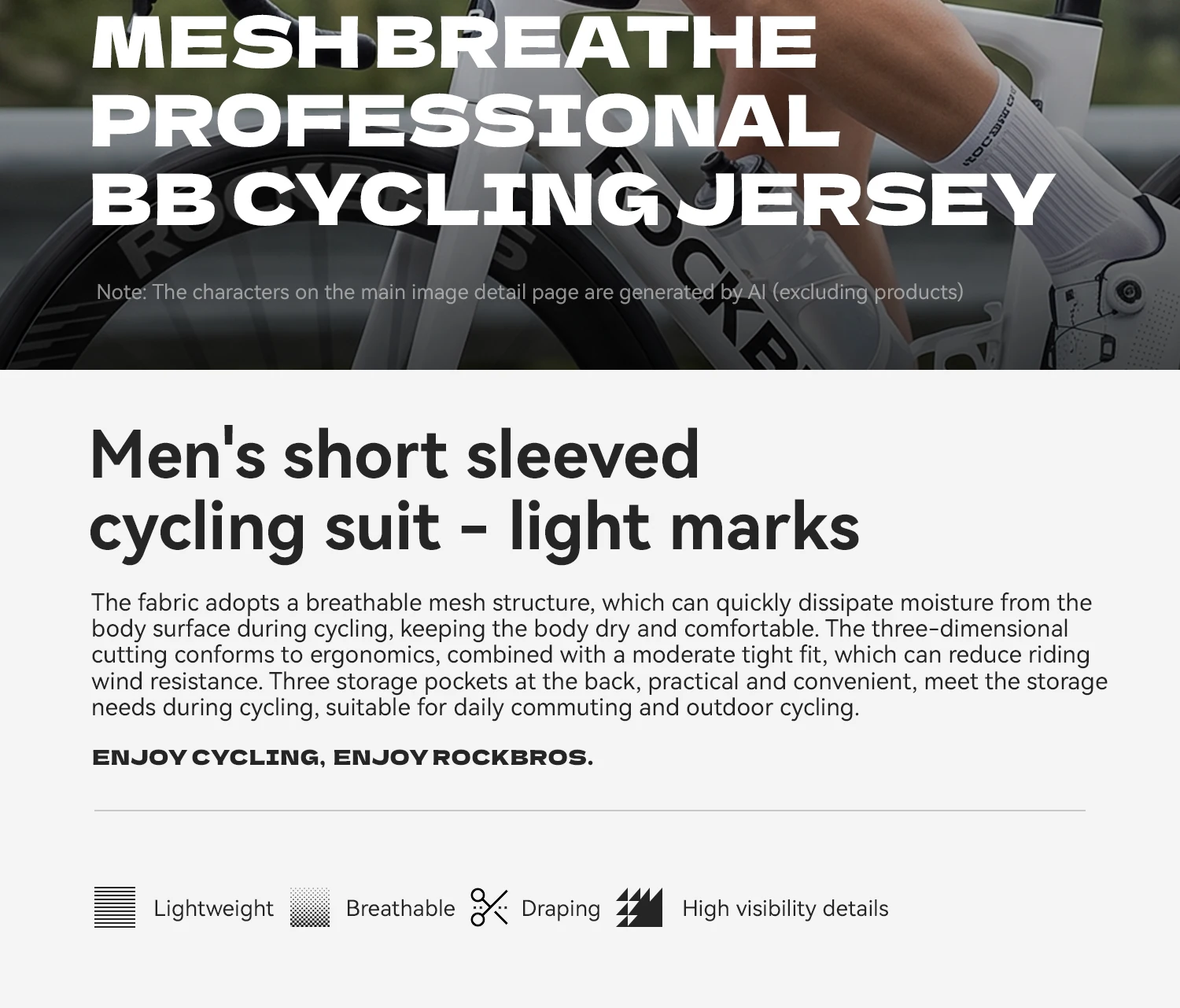 ROCKBROS Sommer-Radtrikot Leichtes Hochelastisches Oberteil Atmungsaktives Schnelltrocknendes Kurzarm-Trikot Herren-Radsportbekleidung – Detail 2