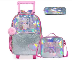 Bright leather School Trolley Backpack Set with Lunch Bag Pen Bag 3 in 1 School Trolley Bag 16 Inch School Roller Backpack Bags