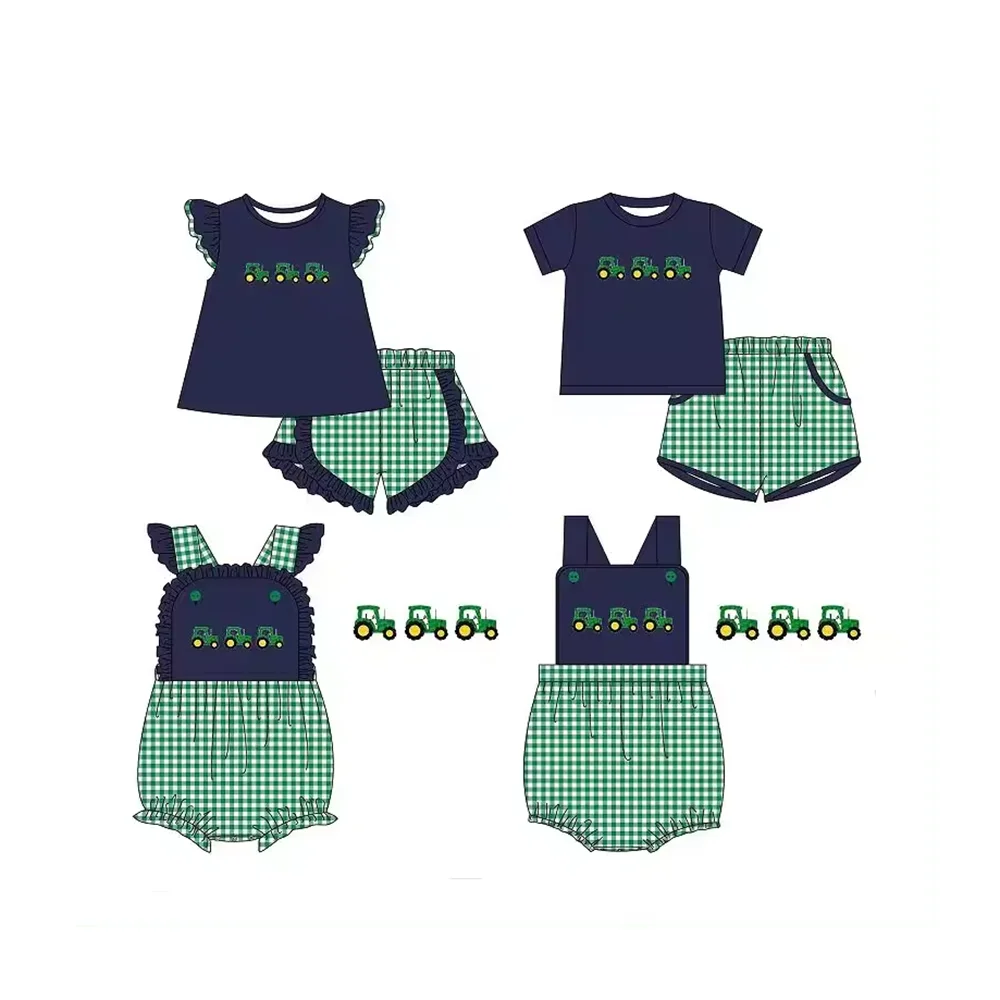 

Boutique Summer Kids Family Outfits Girls Clothes Boys Shorts Tractor Sets Matches Baby Rompers