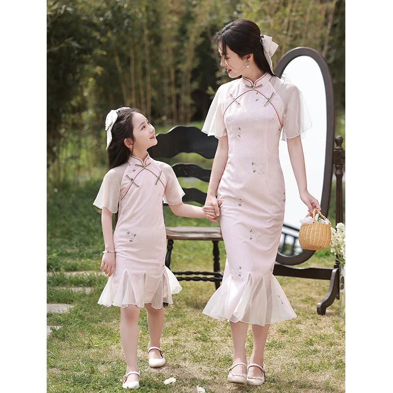 Parent-child Clothing Women Pink Cheongsam Embroidery Fishtail Dress Short Sleeve Vintage Gauze Qipao Show Costumes