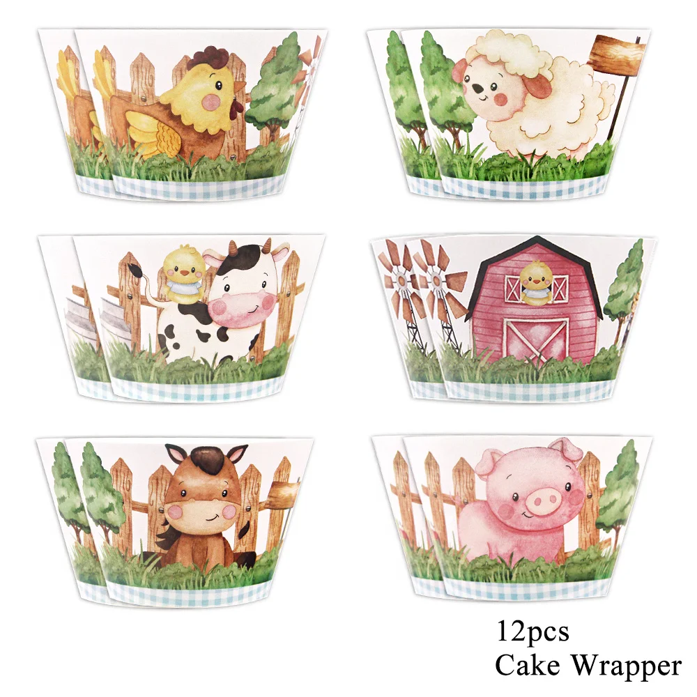12Pcs Farmland Animal Cake Wrapper Carton Pig Cow Paper Cupcake Holder For Kids Farm Birthday Party Decoration DIY Cake Wrapping