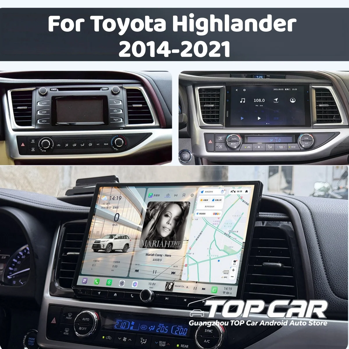 13.3inch 2K For Toyota Highlander Radio 2014 2015 -2020 2021 Carplay Android Auto Touch Screen Navigation DSP Multimedia Video