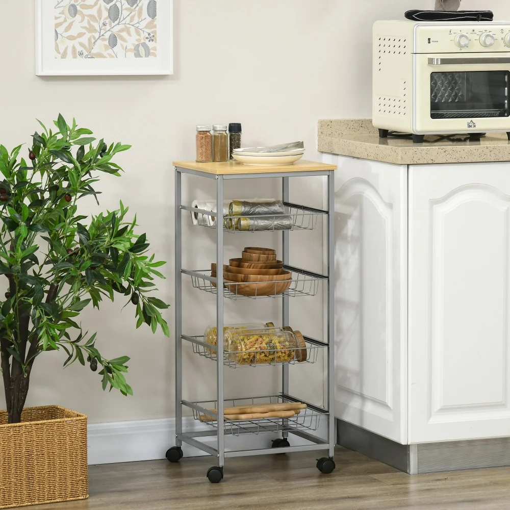 Carrito de servicio con cestas metálicas de 36.5 x 36.5 x 89 cm, carrito auxiliar plateado para cocina y comedor