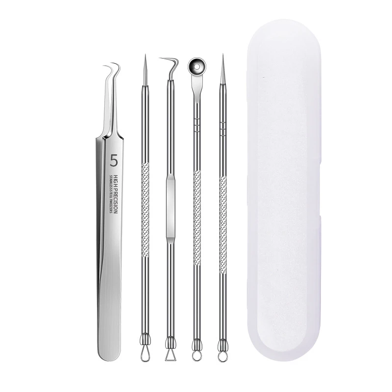 5PCS Rimozione di comedoni Estrattore di comedoni Pinzette curve Professionale In Acciaio Brufolo Acne Ago Kit di Strumenti per la rimozione delle imperfezioni