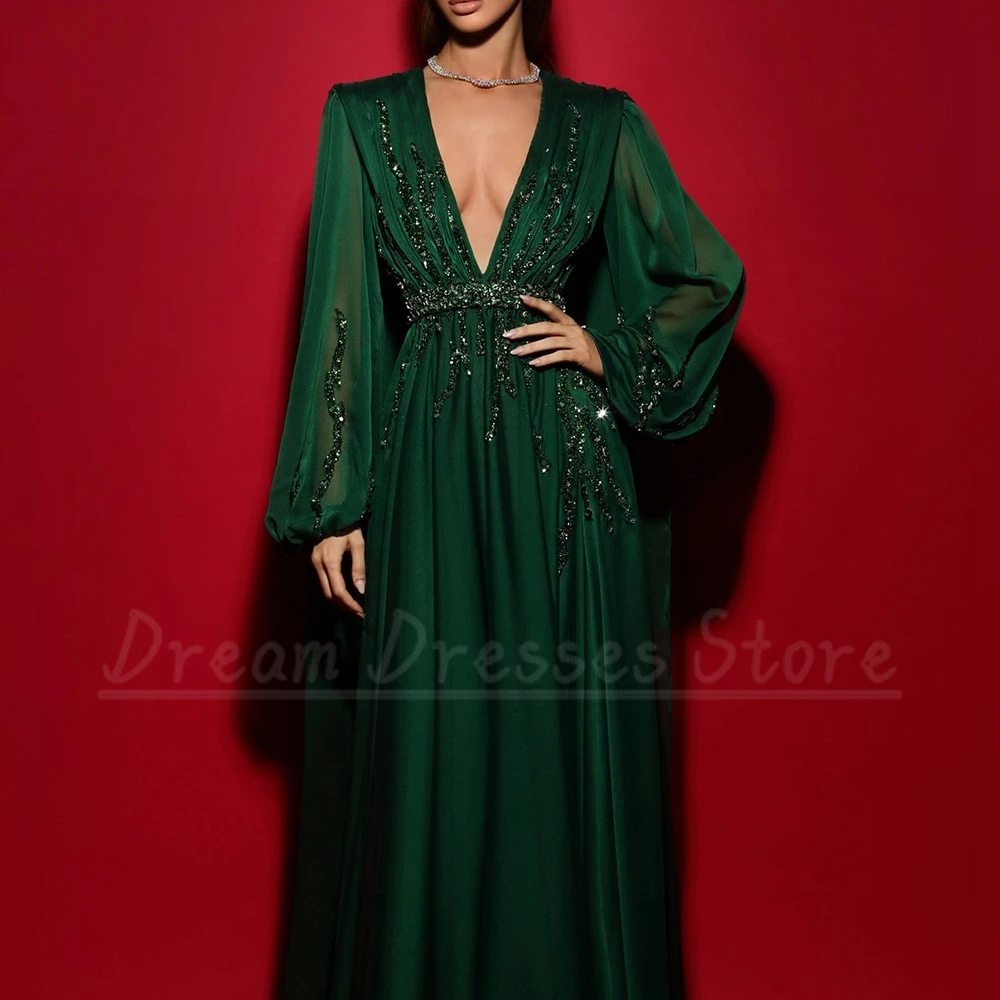 Exquisite Beading Belt Evening Dress Sexy Deep V-Neck A-Line Floor Length Ladies with Lantern Long Sleeves Chiffon Party Gowns