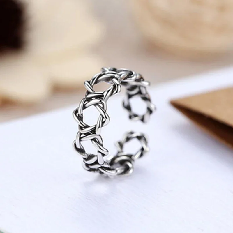 Thai Silver Fashion Hexagram Open Rings for Women Girls Hollow Star of David Chanukah Jewish Adjustable Vintage Ring Male Gifts