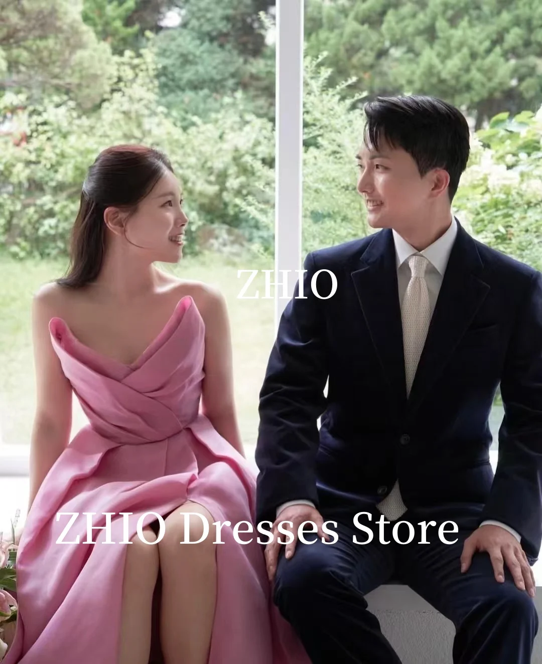 ZHIO Pink Wedding Dresses A-Line High Slit Floor Length Sweep Train Bridal Gown Korea Photo Shoot Customized Elegant
