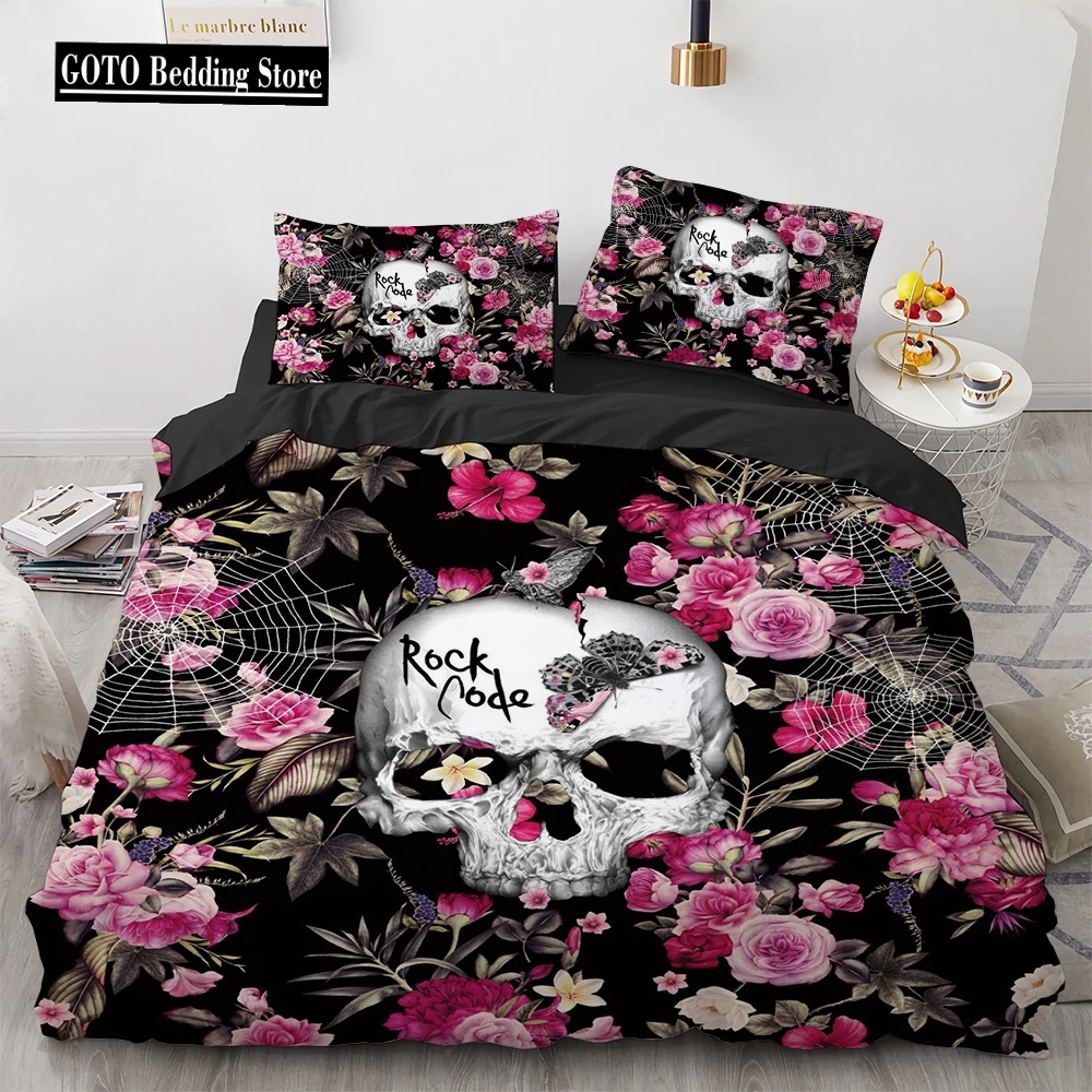 

Spider Web Bedding Duvet Cover Set Halloween Theme Rose Skull Print Comforter Cover Boys Girls Microfiber Bedspread Cover Set