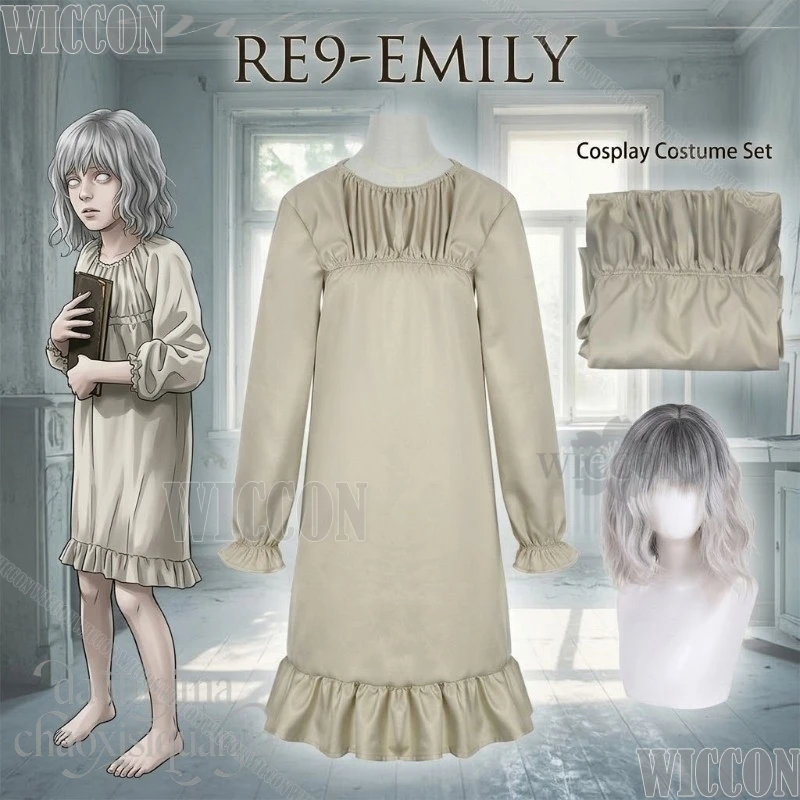 

Anime Horror Game RE9 Cosplay EMILY Costume Long Vintage Beige Long Dress Goth Classical Lolita Wigs Halloween Christmas Party