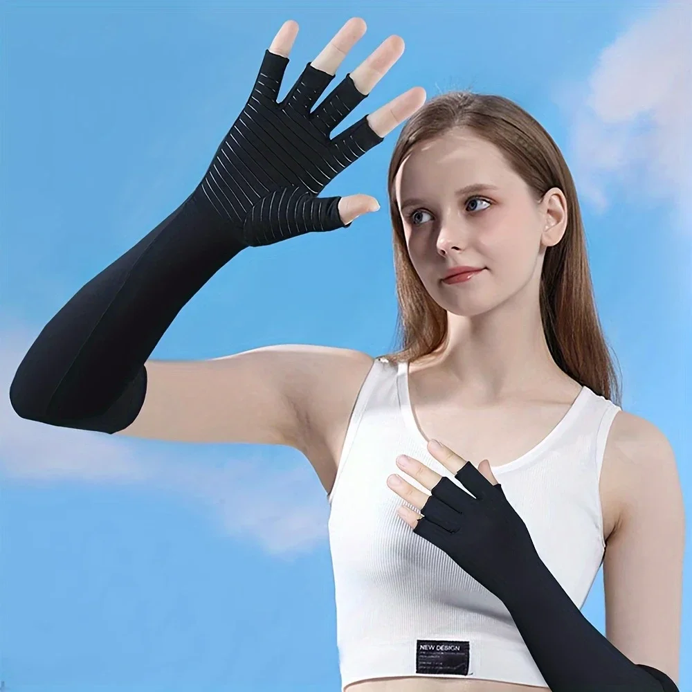 

1 Pair Copper Compression Arm Sleeves Long Half Finger Cuffs Arm & Hand Compression Gloves,Outdoor Sports