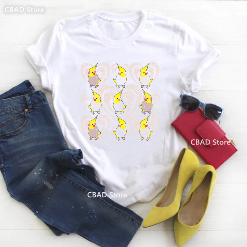 Watercolor Cute Cockatiel For Bird Lovers Print Tshirt Girls Funny Casual T Shirt Femme Harajuku Kawaii Clothes Female T-Shirt