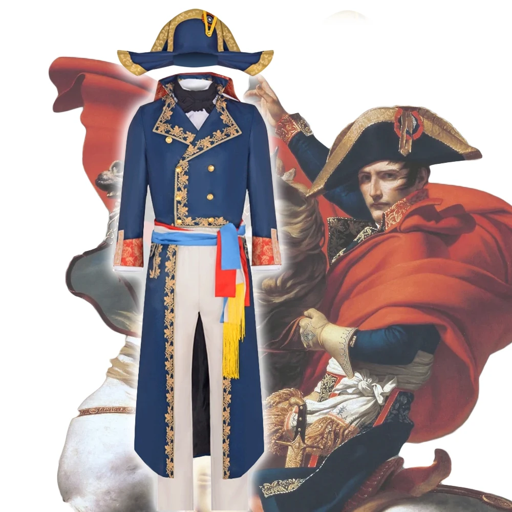 Disfraz de Napoleón del siglo Medieval, disfraz de abrigo azul Bonaparte, disfraz de emperador francés, uniforme militar, sombrero, abrigo, pantalones, traje completo
