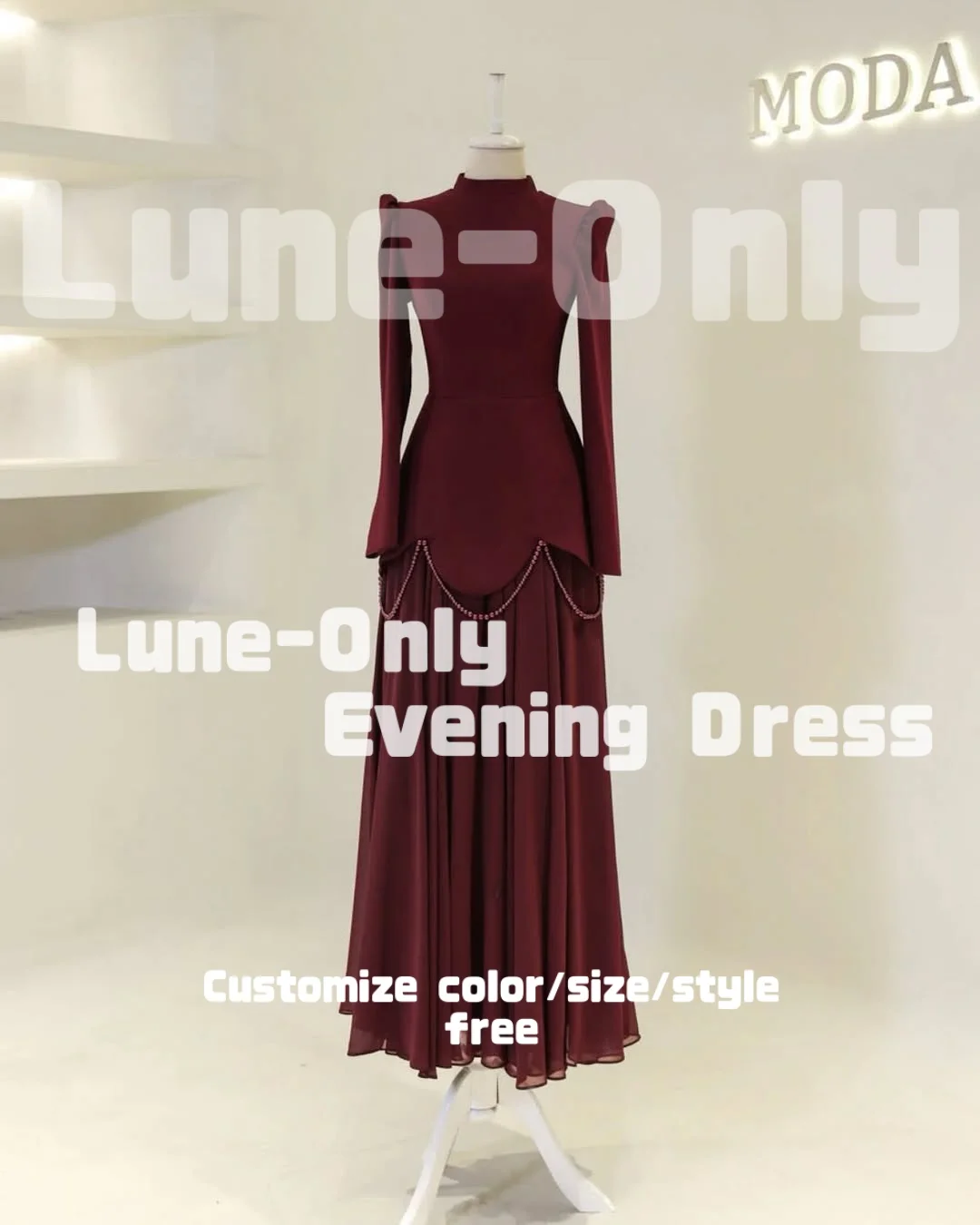 カスタマイズされたビーズ装飾が施されたヴィンテージ風イブニングドレス、長袖、ラウンドネック、エレガントなパーティードレス、プロム、フォーマルドレス