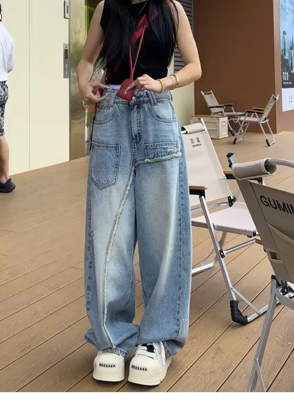 

Women's Light Blue Ripped Splicing Fake Two-Piece Design Ripped Jeans High Waist Straight 90s Y2k American Loose Wide-Leg Pants