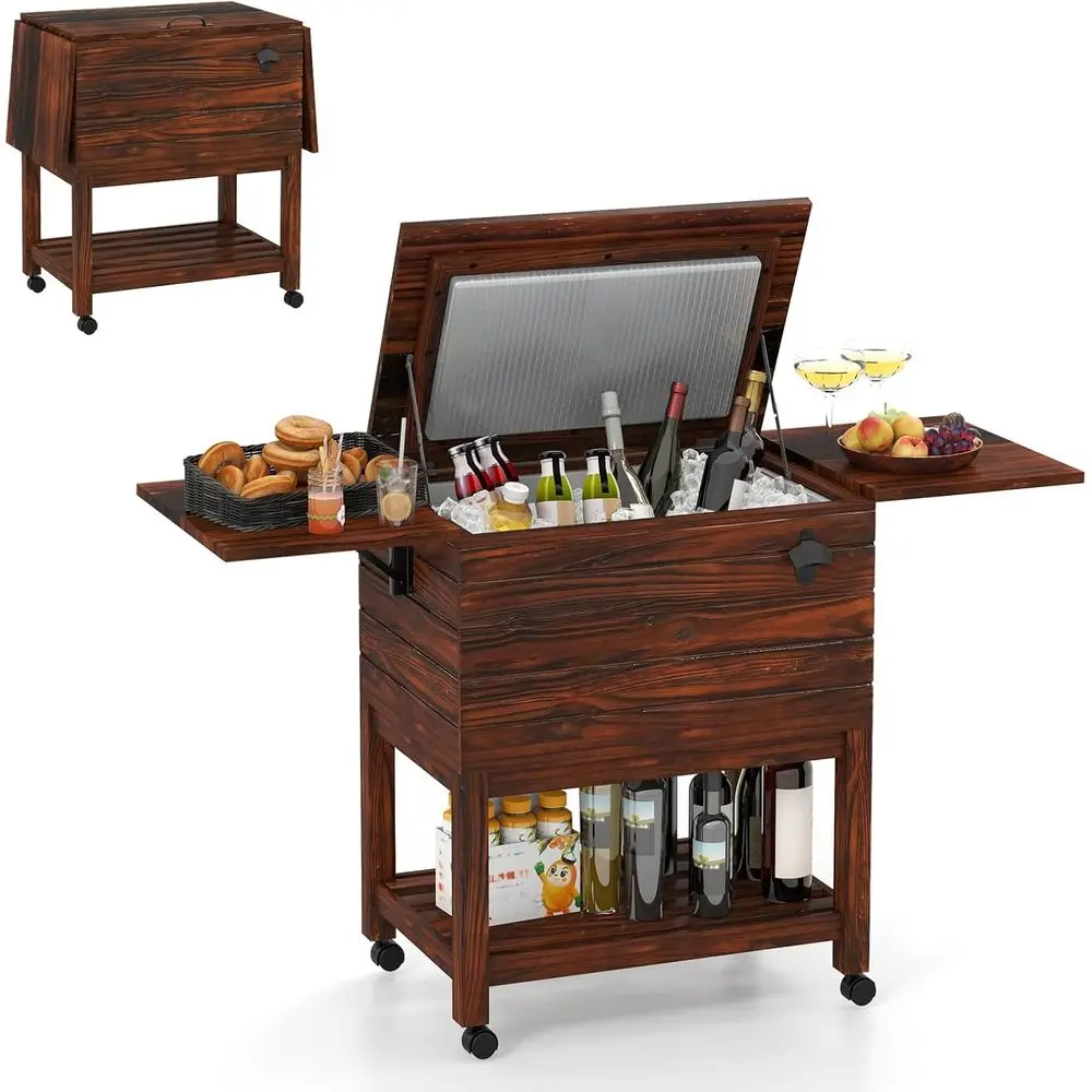 54-Quart Rolling Cooler with Pine Wood and Down Trays, Drain