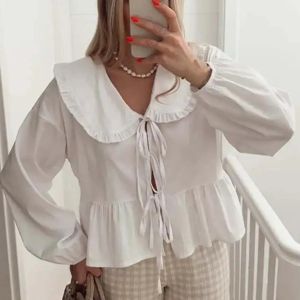 

Chic Lapel Doll Collar Blouse For Women 2024 Spring Fashion Lantern Long Sleeve Lace Up Shirts Female Cropped Tops Streetwear