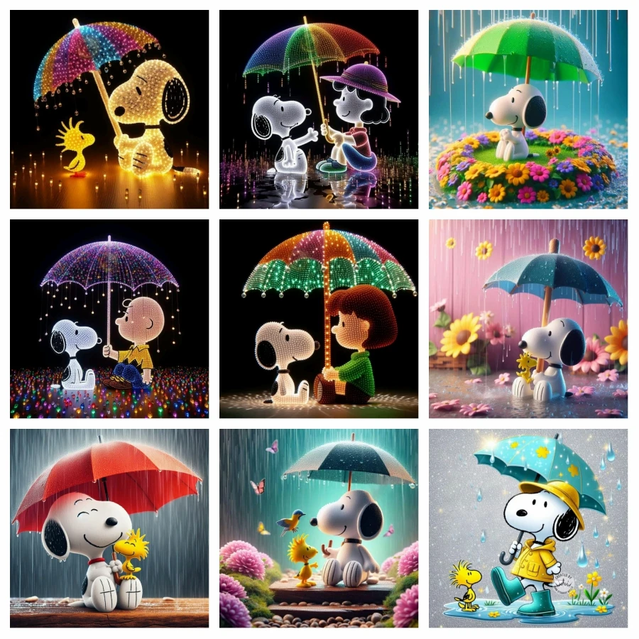 Snoopy And Woodstock In The Rain Scenery 5d Diy Diamond Painting Art Lovable Snoopy Dog Mosaic Cross Stitch Room Decor Gift