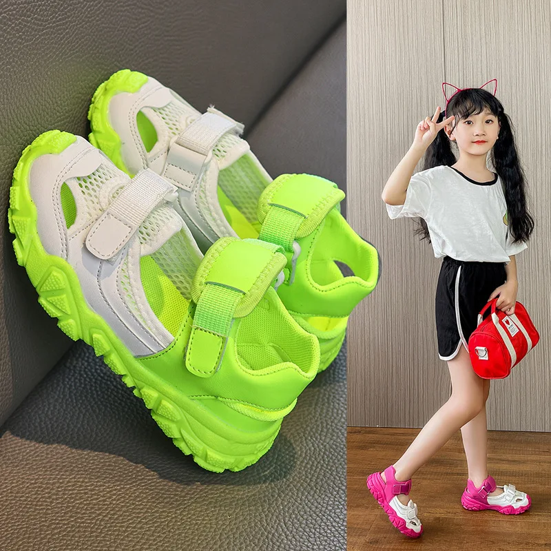 Girls Sport Sandals Kids Fashion 2022 New Summer Mesh Assorted Breathable Hollow Beach Shoes Children Hook & Loop Girls Sneakers