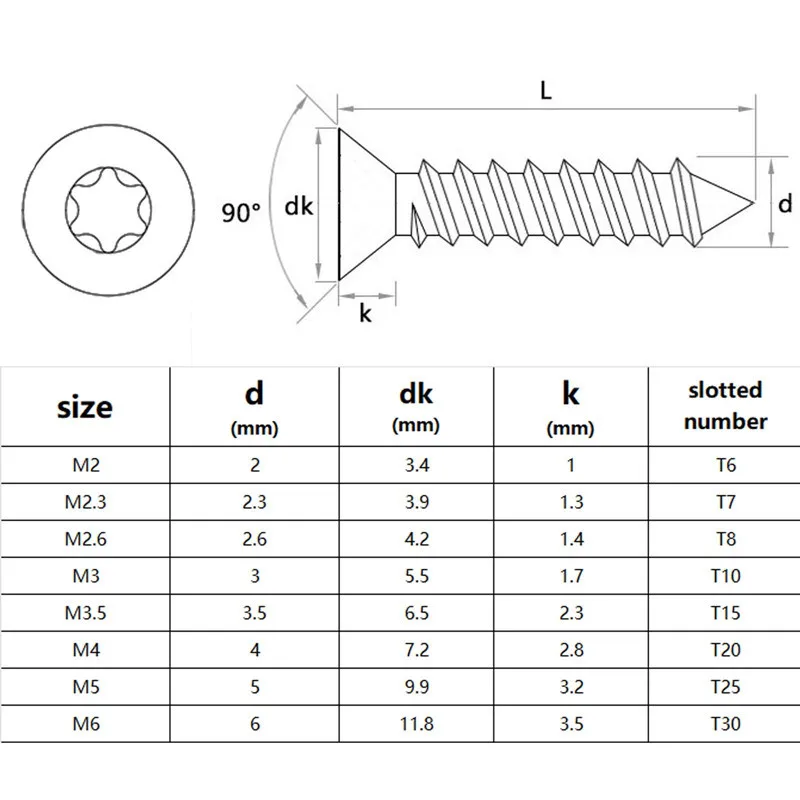 5/10/50pc M2 M2.3 M2.6 M3 M3.5 M4 M5 M6 304 Stainless Steel Six Lobe Torx Flat Countersunk Head Security Self-tapping Wood Screw