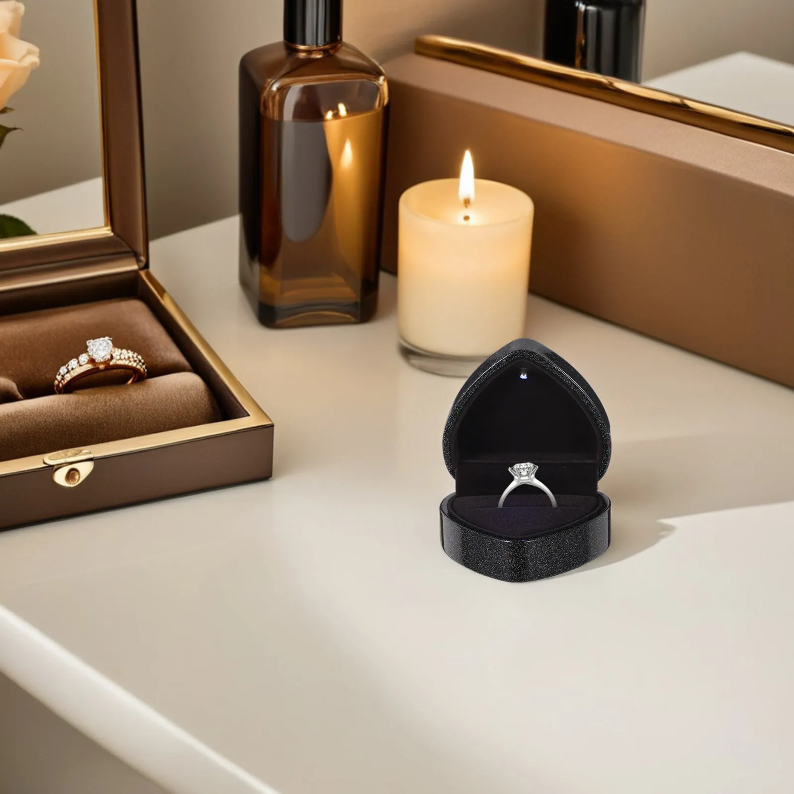 

Black LED Shape Ring Box Luxury Facet Jewelry Gift Case Proposal Engagement Ring Box Wedding Anniversary Christmas