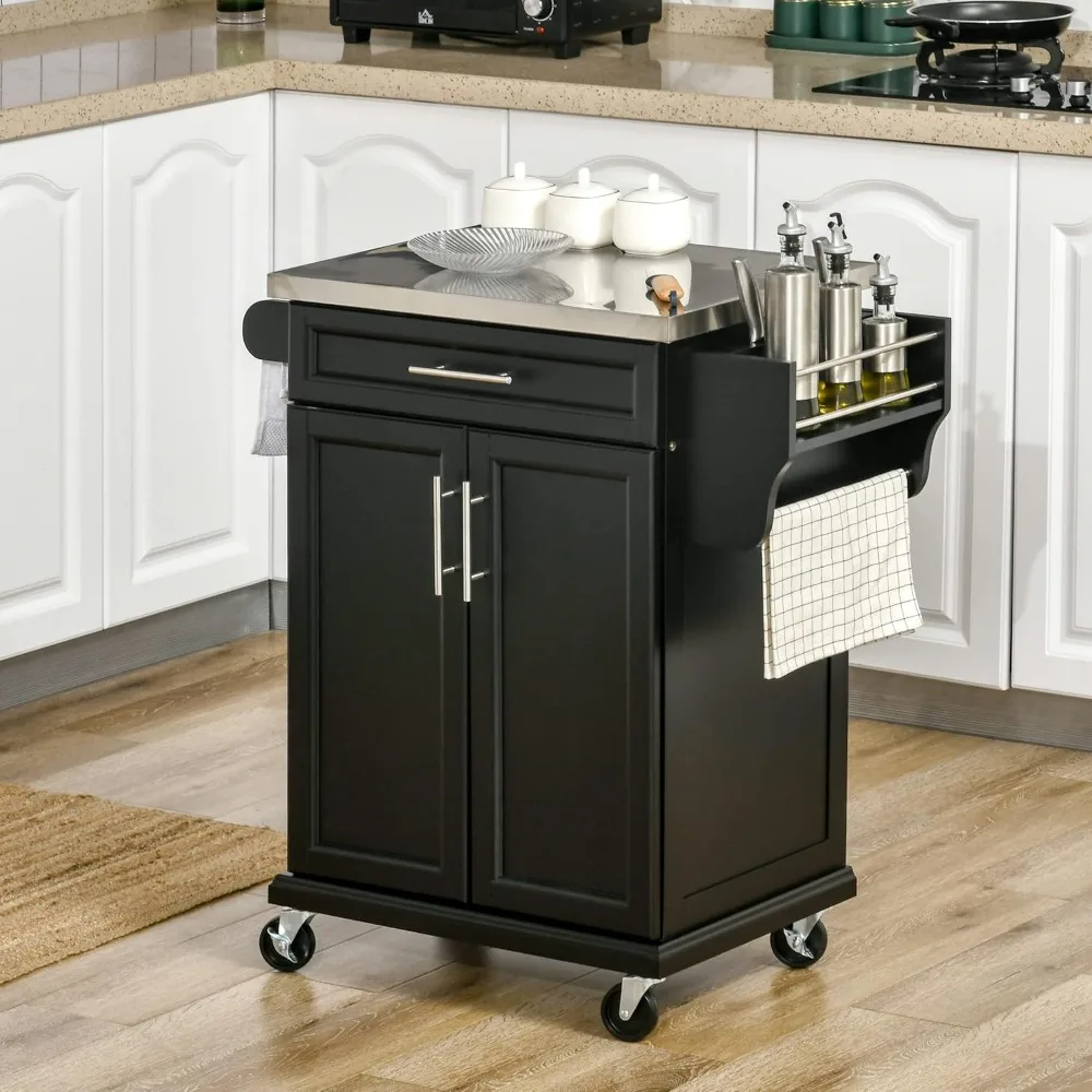Kitchen Island on Wheels, Rolling Kitchen Cart with Stainless Steel Countertop, Drawer, Towel Rack and Spice Rack, Utility Stor