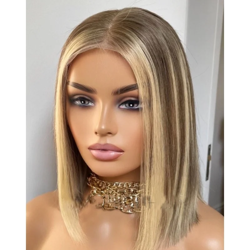 オンブレライトブロンドウィッグ（ダークルート）16インチ肩丈合成レースフロントウィッグ耐熱ファイバー日常＆コスプレウィッグ