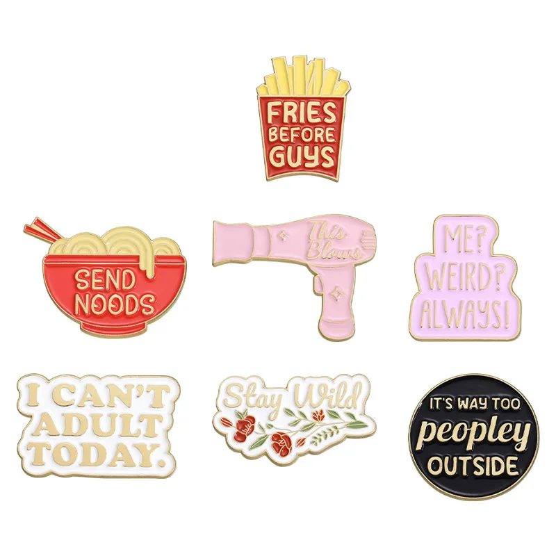 Cartoon Food Noodles Fries Enamel Pins Stay Wild Flower Brooches Bag Lapel Badges Funny Quotes  Jewelry Gift for Kids Friends