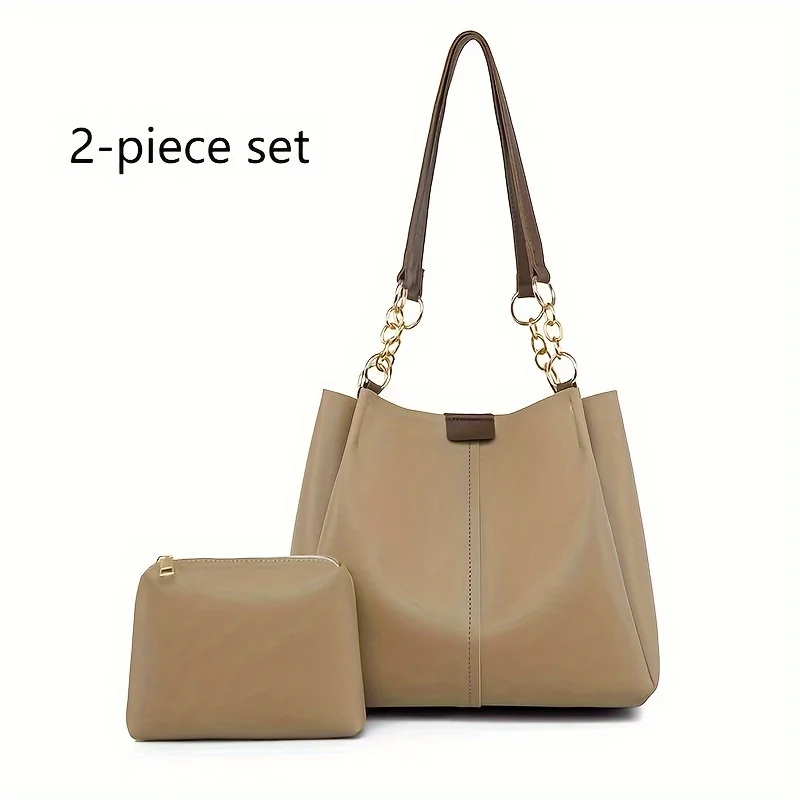 

2pcs/set Fashion Vegan Tote Bag, Solid Color Shoulder Bag, Women's Casual Handbag & Purse