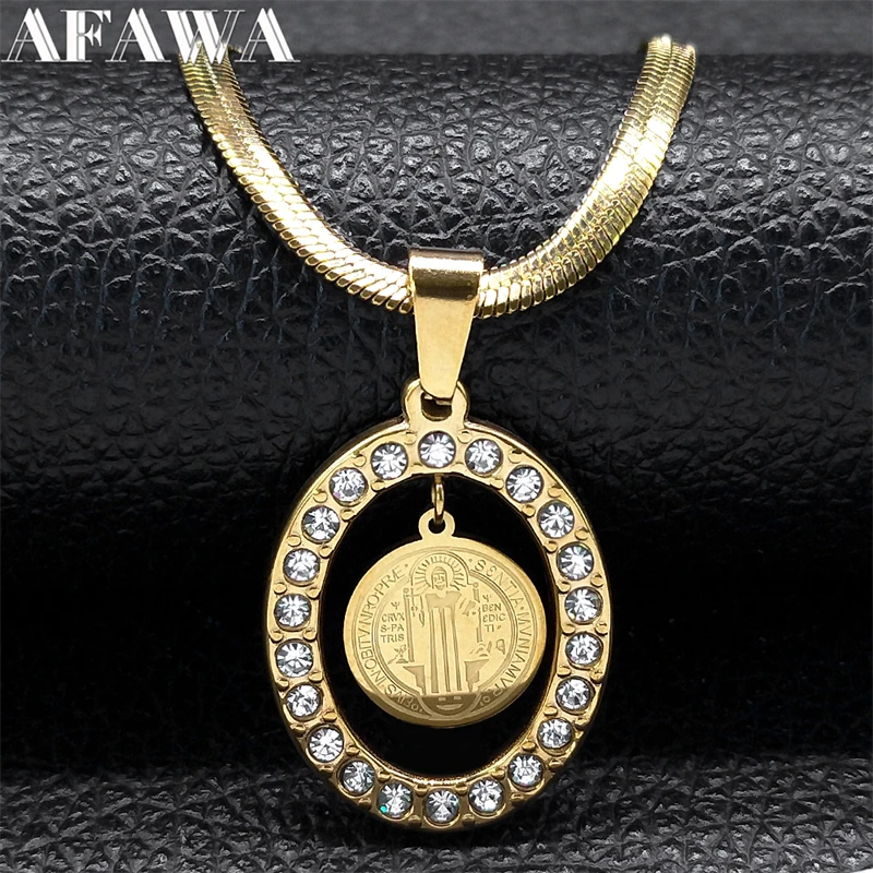 Catholic Saint Benedict Snake Chain Necklace for Women/Men Stainless Steel Rhinestone Gold Color Medal Jewelry collar N8390S02