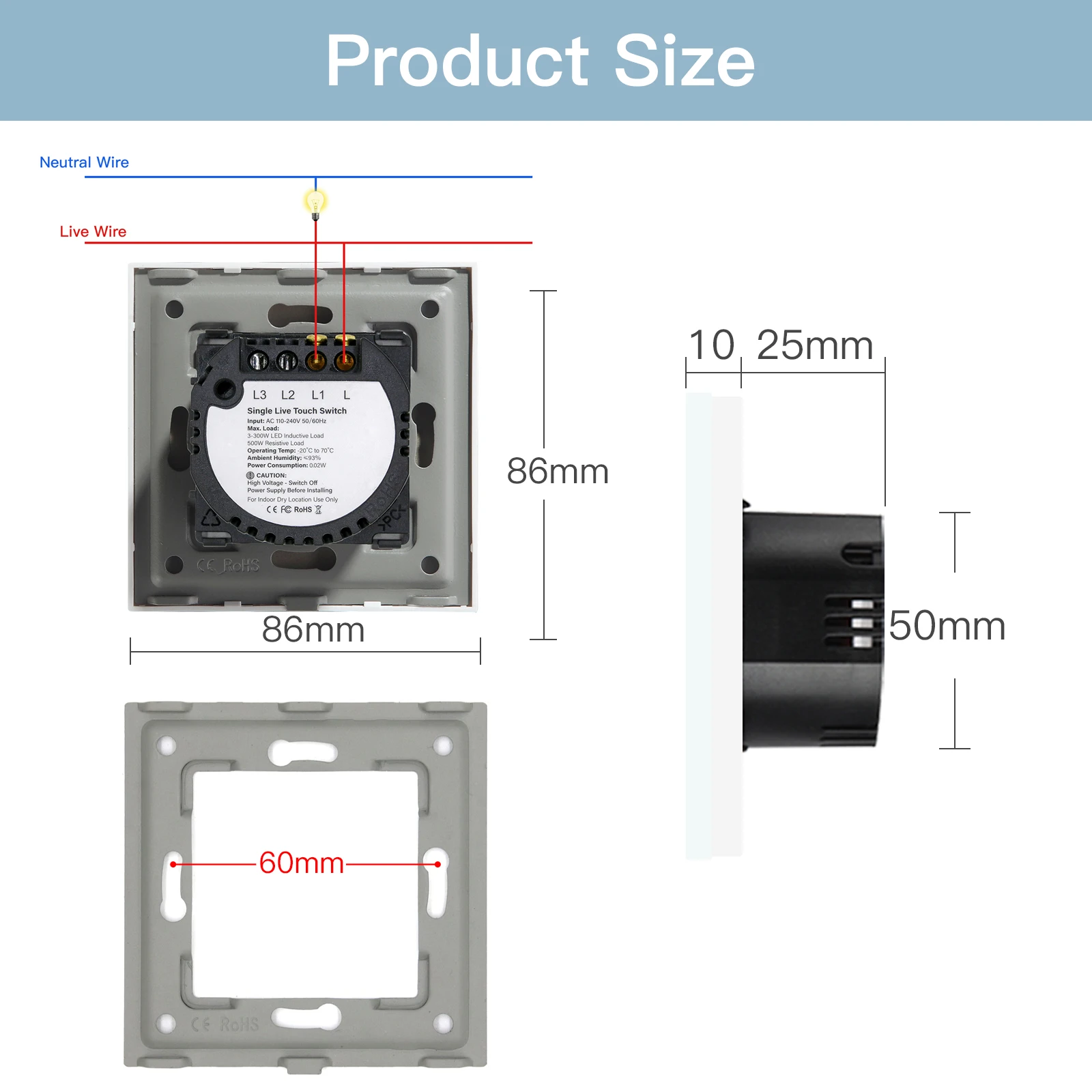 BSEED EU Standard Switches 1/2/3Gang 1Way 2Way White Crystal Glass  Touch Light Switch Intermediate Stair Switch