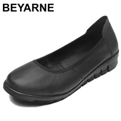 BEYARNEClassic Black Ballet Flats Shoes Women Genuine Leather Small Wedges Low Heel Shallow Comfortable Work ShoesWomanE111