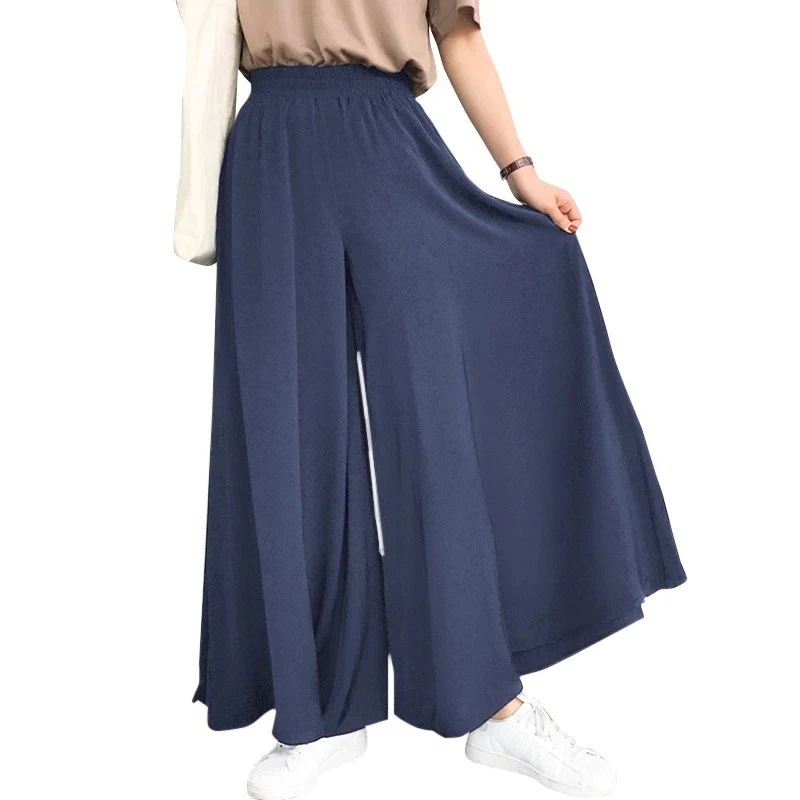 

OMSJ Pants For Women Wide Leg Ice Silk High-Quality Elastic Waist Loose Casual Pleated Straight Daily Holiday Beach Soft Trouser