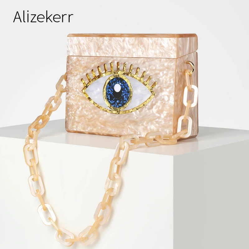 Alizekerr Eye Prints Acrylic Box Clutch Bag Women Luxury Unique Acrylic Chain Sequined Evening Purses And Handbags Wedding Party