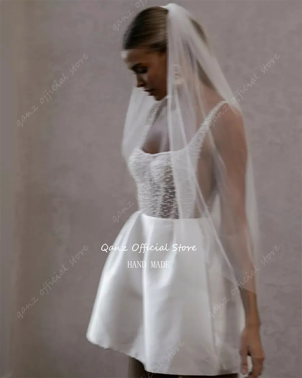 Qanz-vestido De novia corto De satén con perlas, tirantes finos por encima De la rodilla, vestidos De novia, vestido De fiesta con cola De cocina personalizado