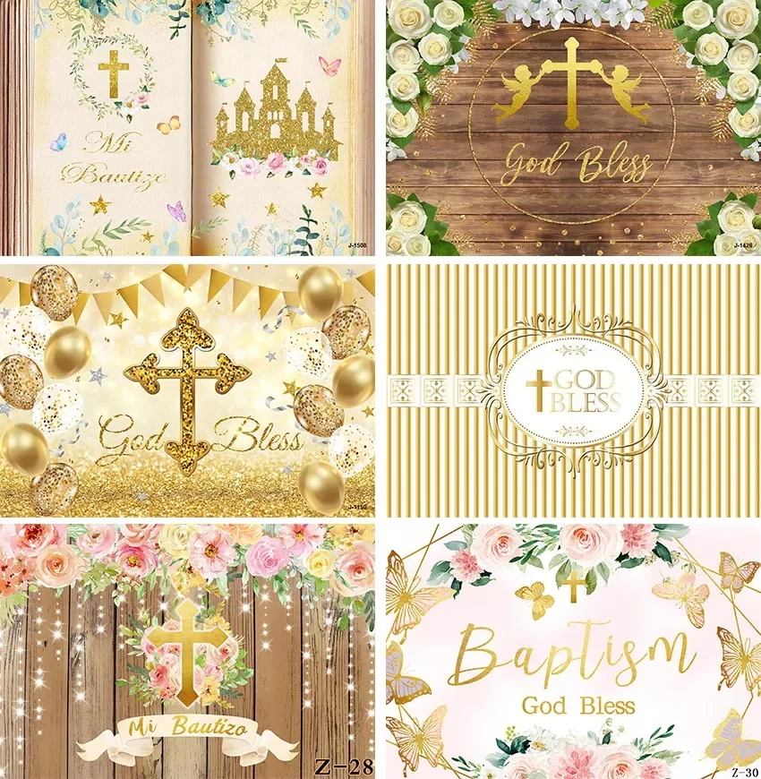 Newborn Baby Baptism Backdrops Decor God Bless Green Golden Leaves First Holy Communion Photo Background Studio Banner