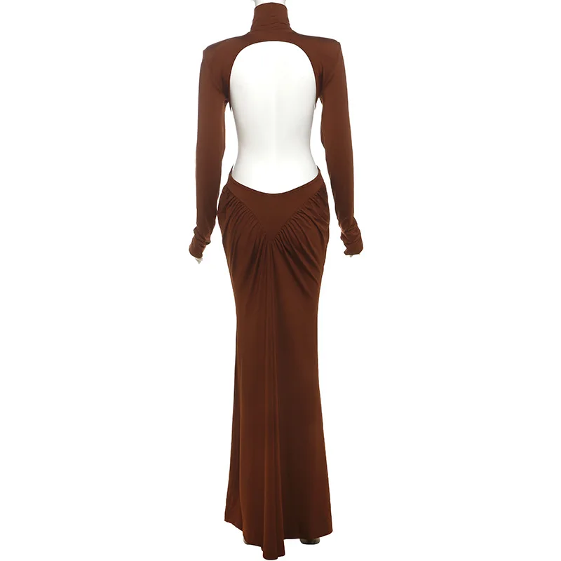 Elegant Sexy Backless Ruched Bodycon Maxi Dress 2025 Autumn Women Solid Turtleneck Full Sleeve Slim Party Long Robe Vestidos