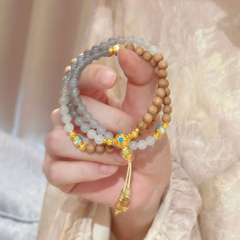 

Two-piece set of old sandalwood and gradient gray agate necklace and bracelet, new Chinese-style, versatile, elegant, exquisite,