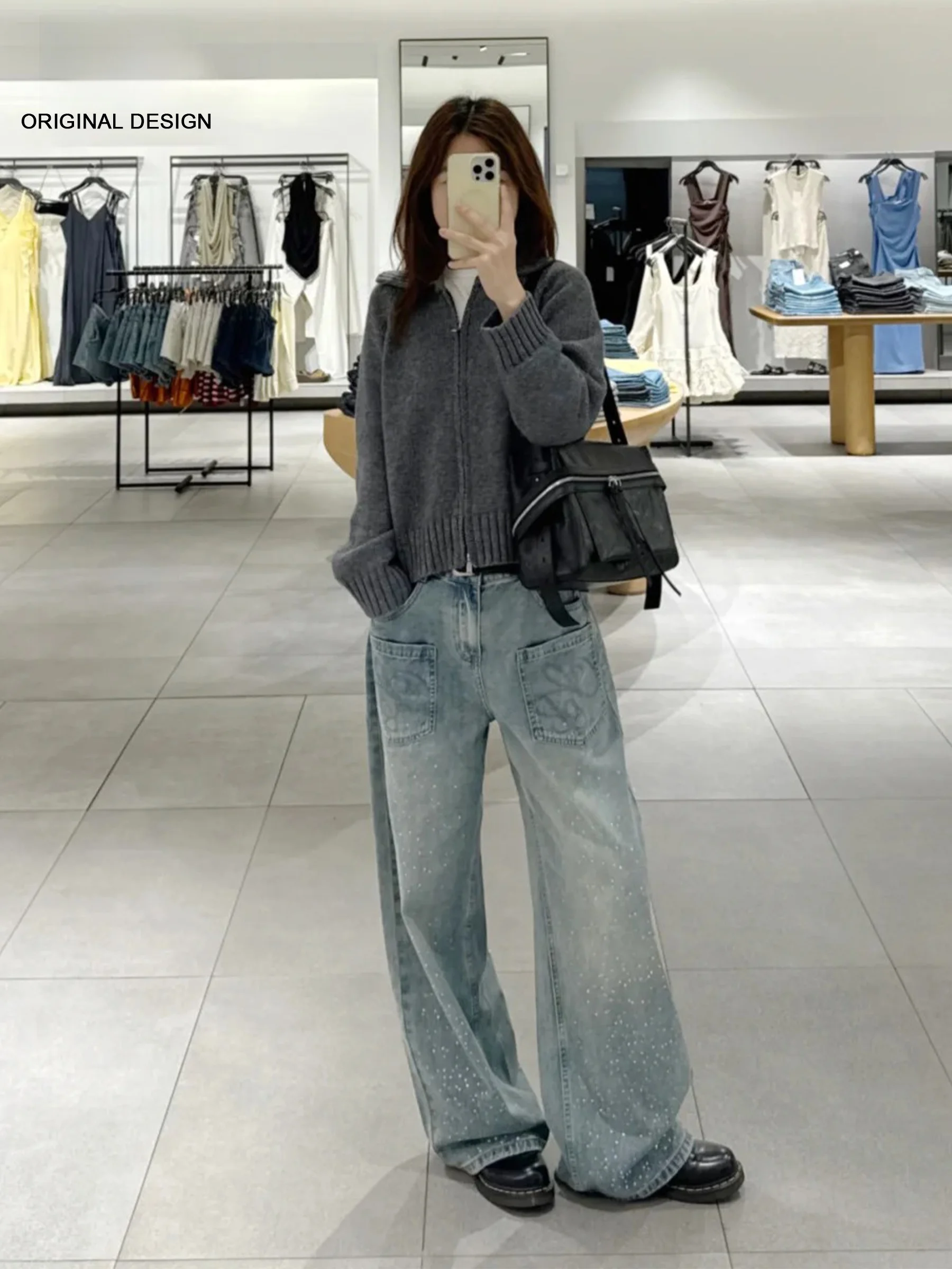 

Ретро-джинсы синего цвета в американском стиле со стразами, прямые, женские, новинка 2026 года, летние, с высокой талией, свободные, утягивающие, в пол, широкие, L...