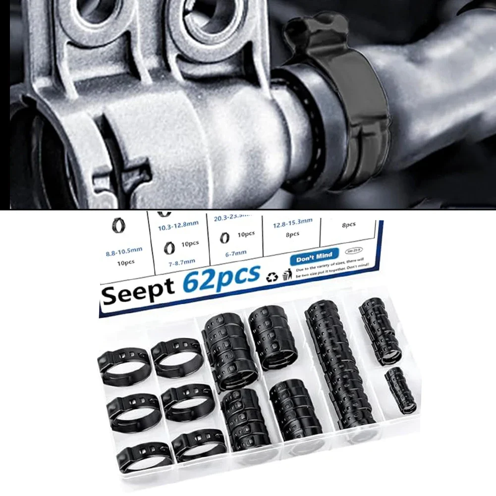 62 Piece Single Ear Hose Clamp Kit 304 Stainless Steel For HVAC Lines Condenser Fan Motor And Evaporator Hoses