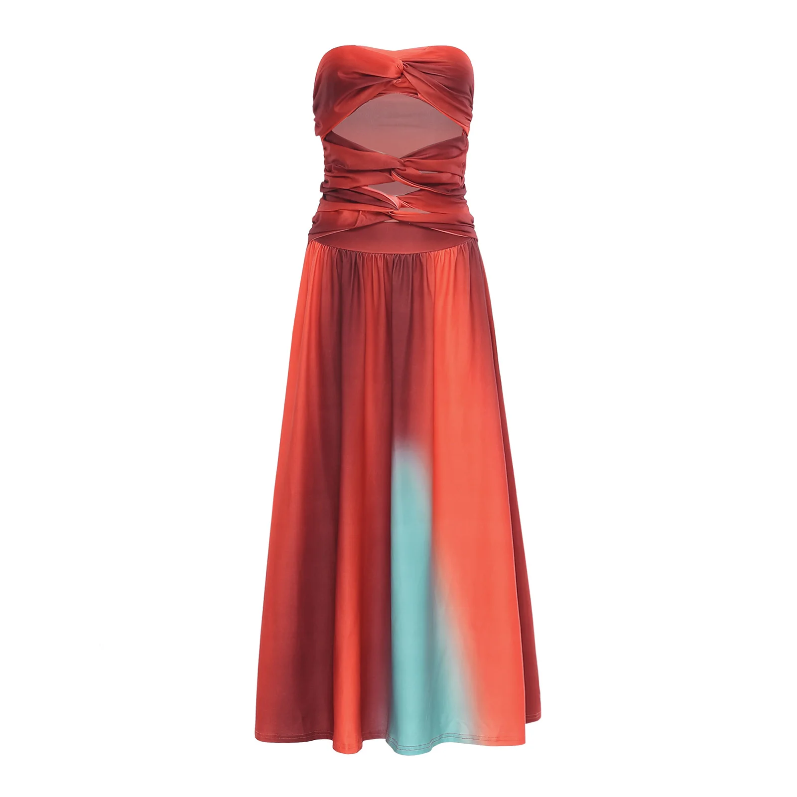 

Women Strapless Sleeveless Hollow Out Tie-dye Gradient Color Block High Waist Length Dress for Holiday Banquet Nightclub Beach