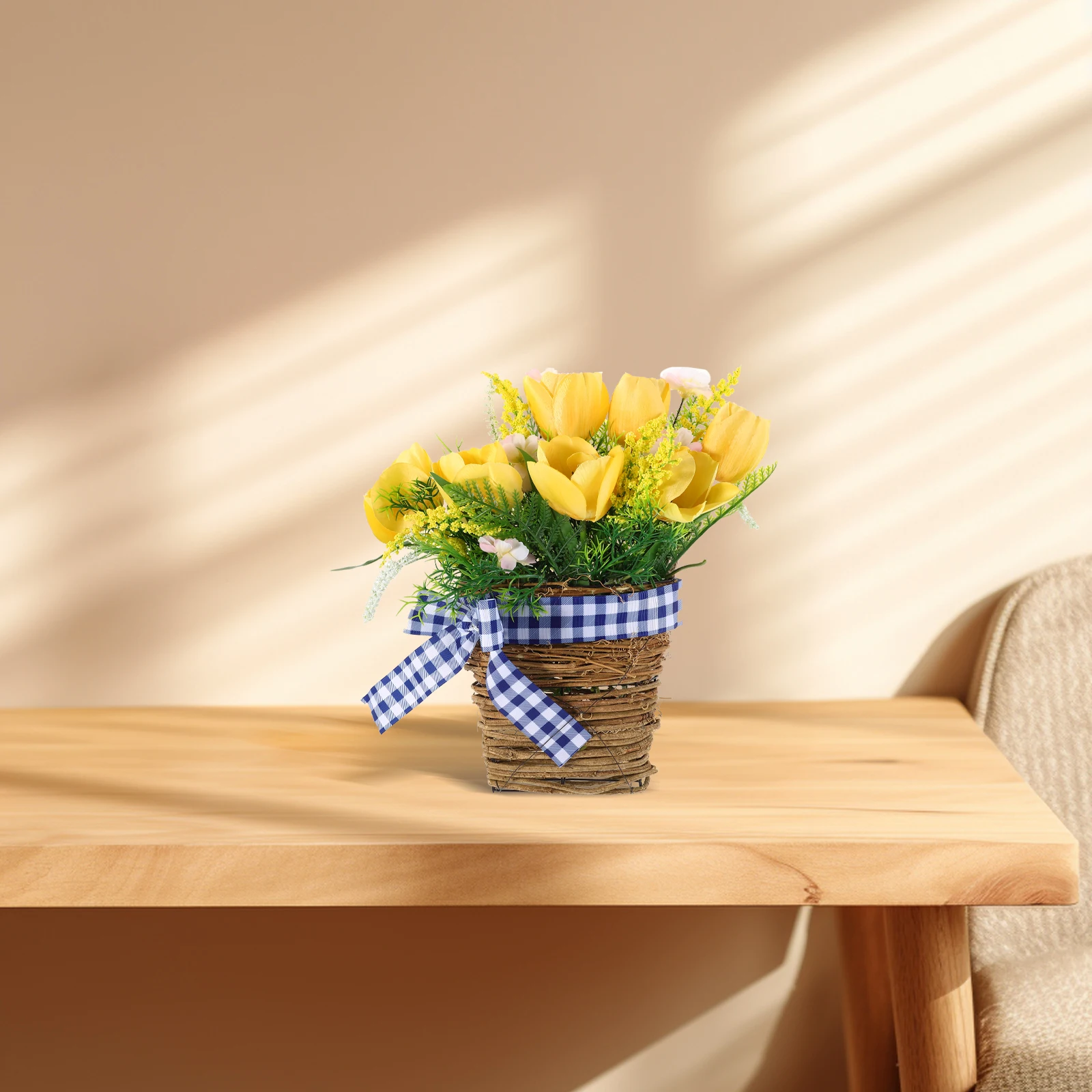 

Artificial Flower Basket Yellow Flowers Fake Floral Arrangement Hanging Potted Plant Dead Branches