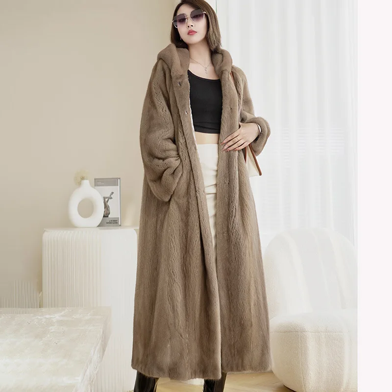 2023 new winter hooded fur coat for women, thickened and warm, fashionable and loose faux fur mink coat