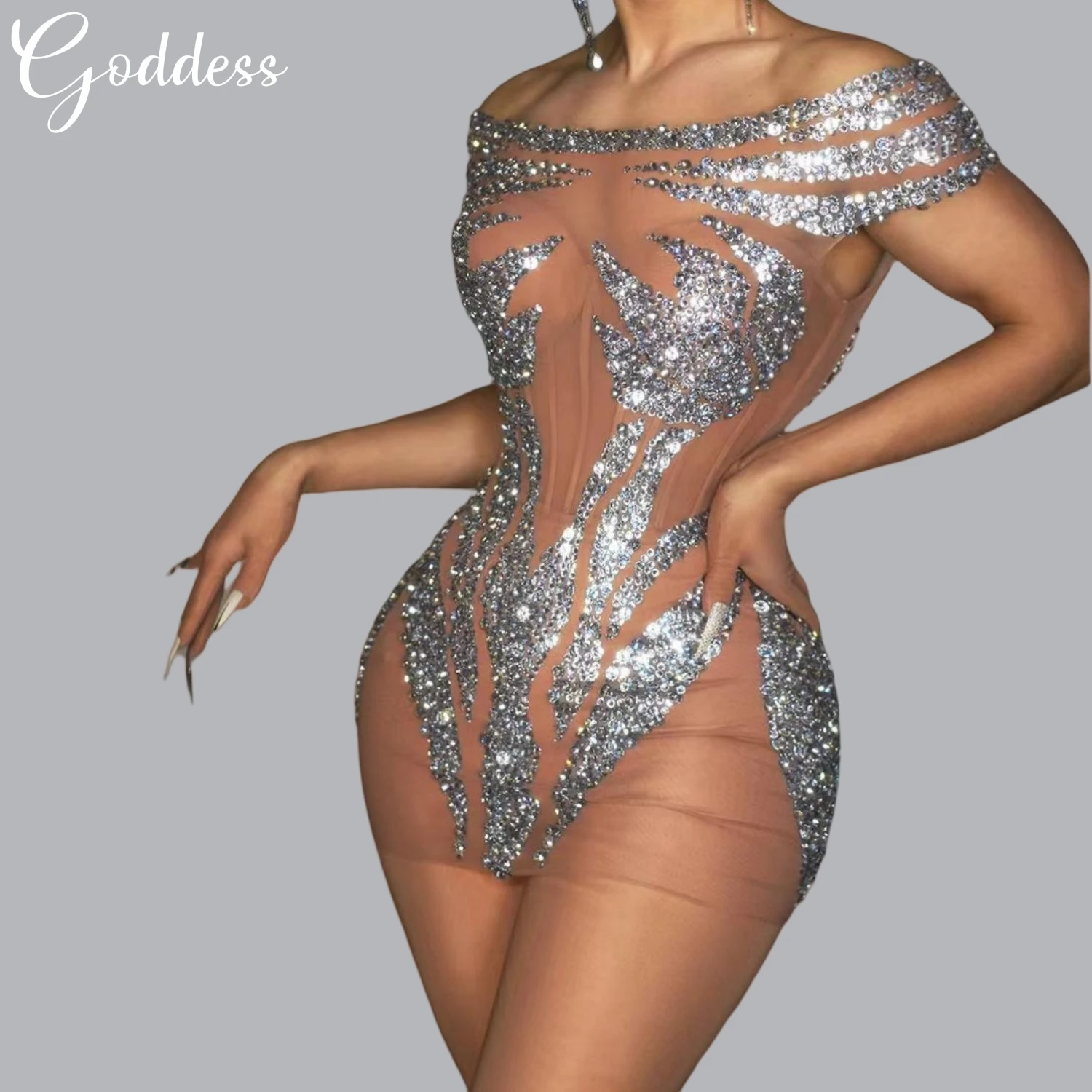 

Sparkly Rhinestone High-end Costume Mini Dress Party Goddess Sheer Mesh Dress Nightclub Singer Sexy Stage Dance Troupe Costume