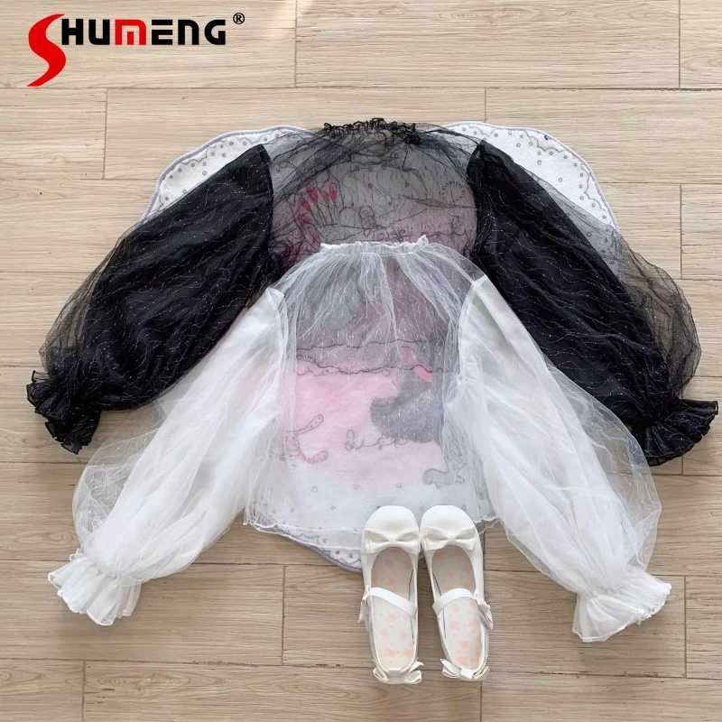 

Japanese Lolita Blouse Inner Wear Long Sleeves Short Lace Mesh Bottom Shirt Tops Female Summer Thin Y2k Blusas Women's Clothing