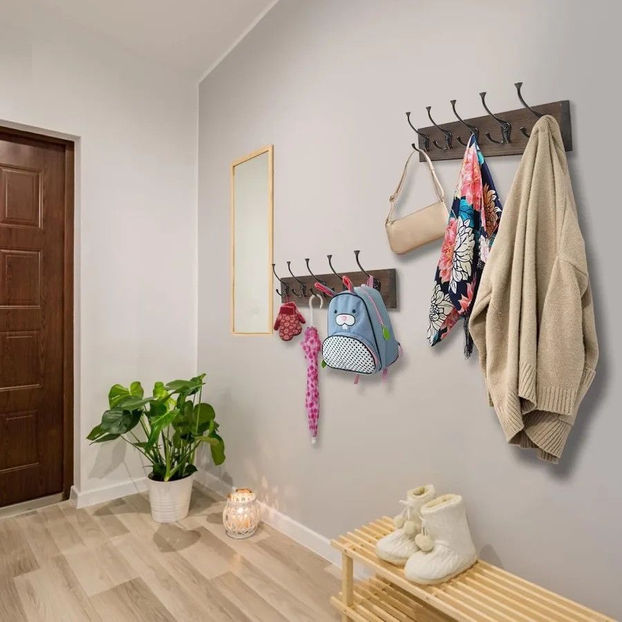 ราวแขวนเสื้อผ้าติดผนังแบบ 2 ชิ้น ขนาด 17 นิ้ว สีไม้เก่า ราวแขวนเสื้อผ้าไม้สไตล์ Rustic พร้อมตะขอโลหะ สำหรับทางเข้าห้องนั่งเล่น