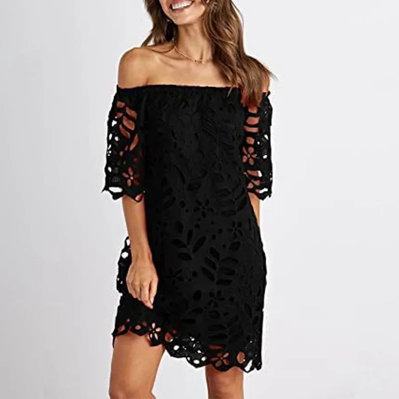 

Elegant Fashion Women Hollow Out Lace Dress 2024 New Sexy Off Shoulder Slash Neck Half Sleeve Retro Party Summer Dresses Female