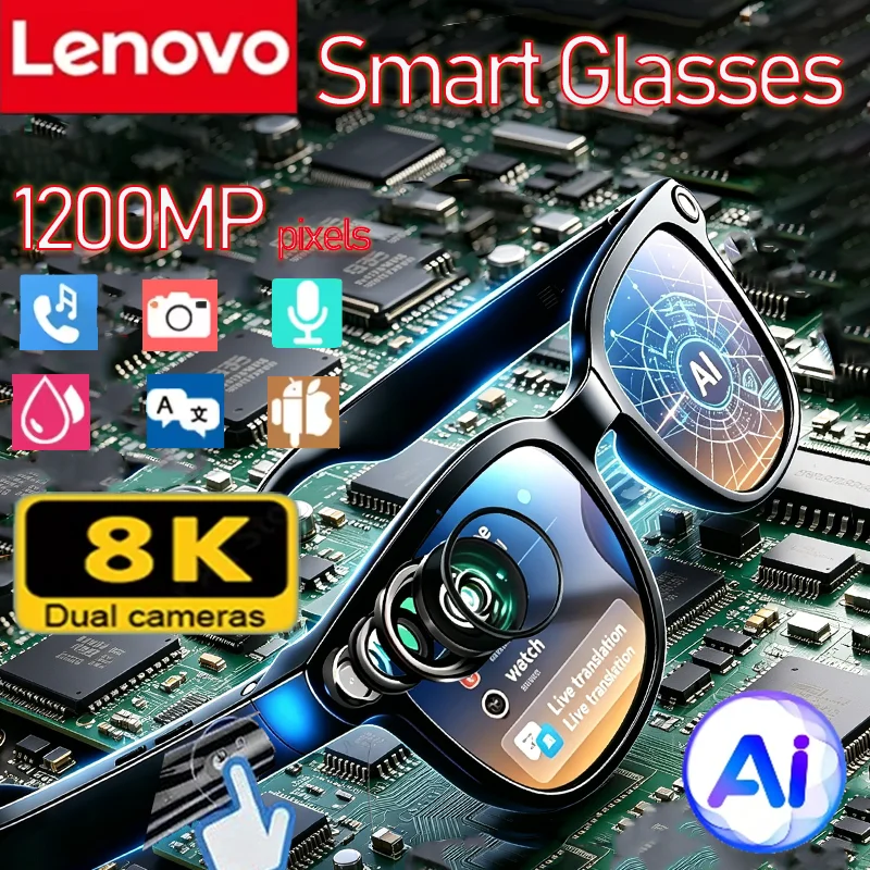 Óculos Inteligentes Lenovo com Câmera 8K e IA: Multifuncionais com Tradução, Chamada Bluetooth, Reprodutor de Música e Assistente de Voz para Homens e Mulheres