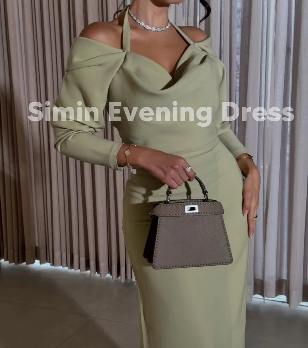 심인 홀터 카울넥 엠파이어 시스 플로어 기장 러플 사우디 이브닝 드레스 롱 슬리브 파티 드레스 여성용 2025