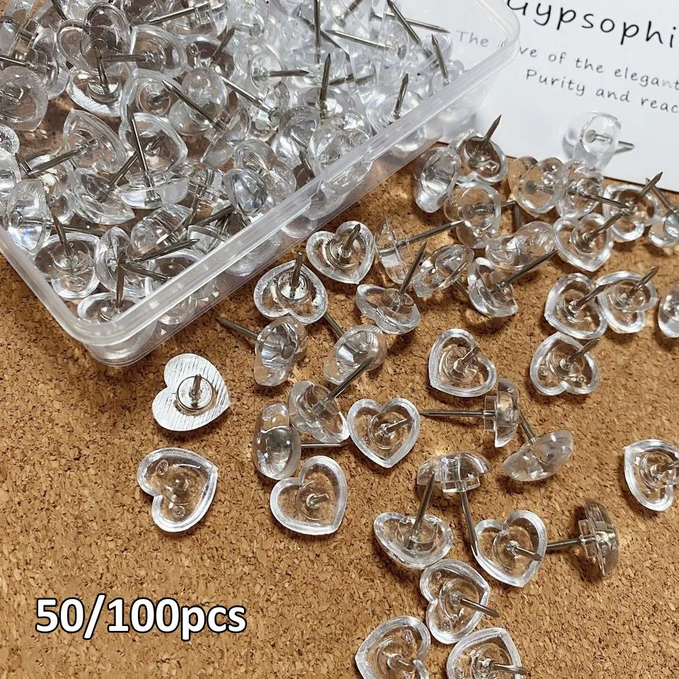 50pcs 100pcs Heart Shape Markers Drawing Photo Wall Studs Cork Board Push Pins Transparent Thumbtack Office School Supplies