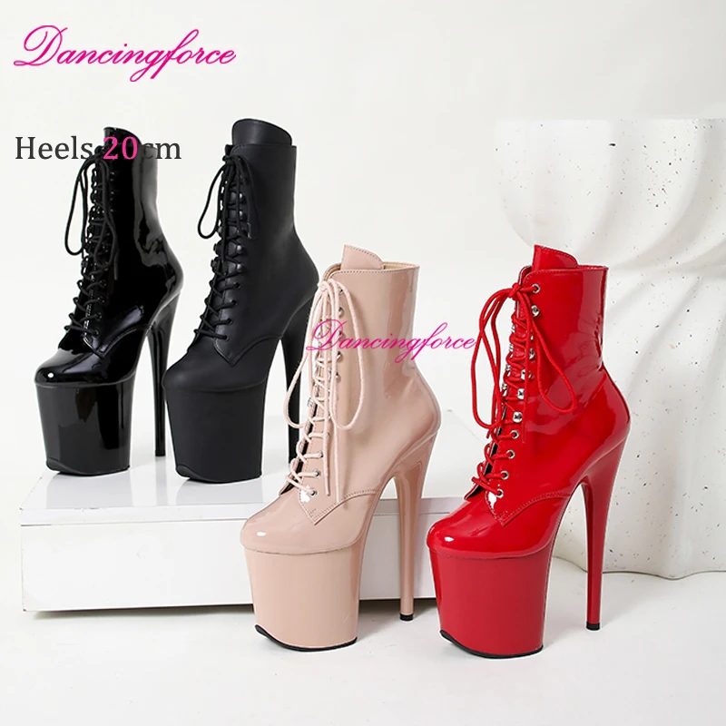 20CM/8Inch Pole Dance Boots Shiny Platform Stripper Heels Women Ankle Boots Lace-up Zip Roman Fashion Lady Knight Boots